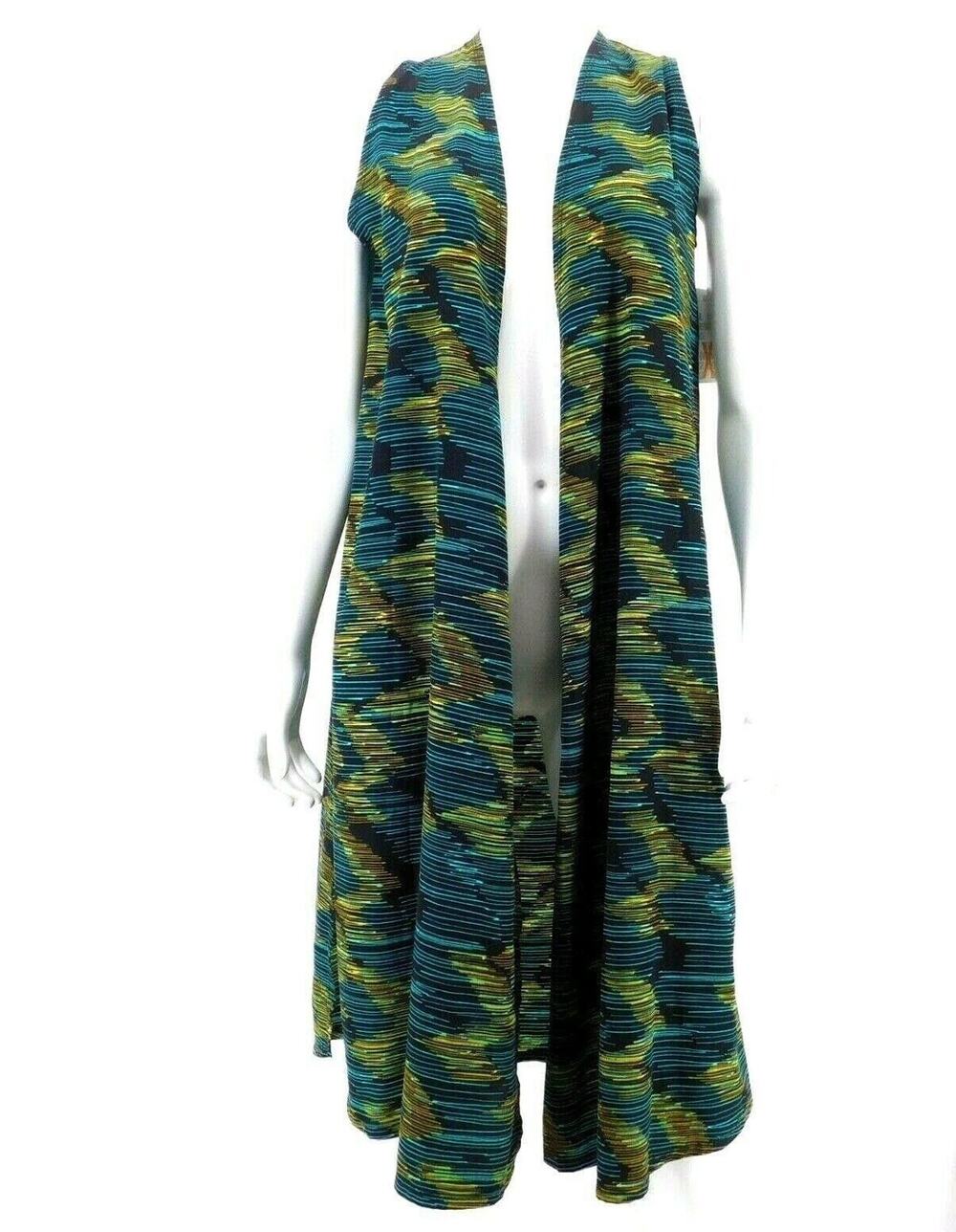 Lularoe Joy Womens Black Green Blue Stripe Open Sleeveless Cardigan Top X-Small